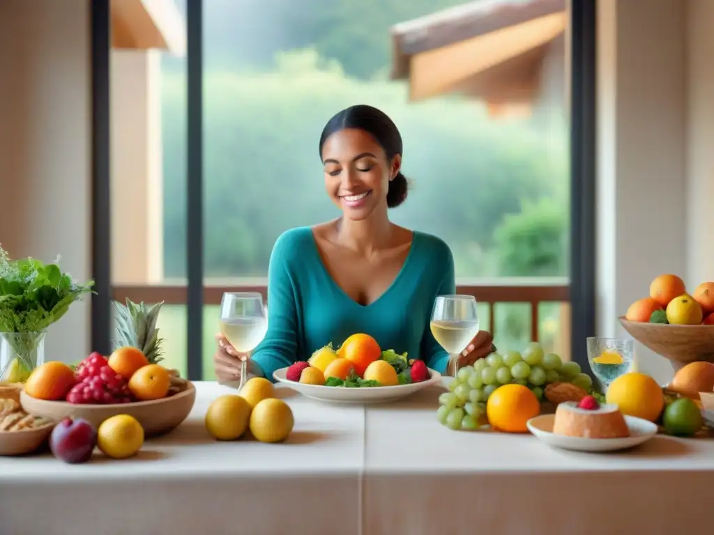 Una mujer serena sonríe mientras disfruta de una mesa llena de deliciosos platos sin gluten