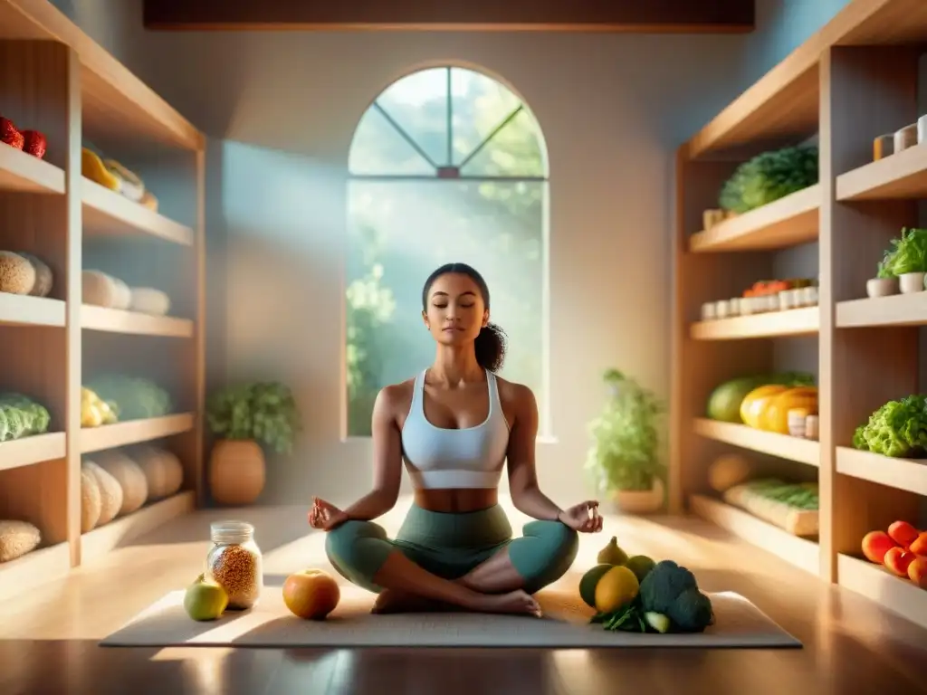 Una mujer serena medita rodeada de productos sin gluten en un ambiente tranquilo y luminoso, representando el mindfulness para vida sin gluten