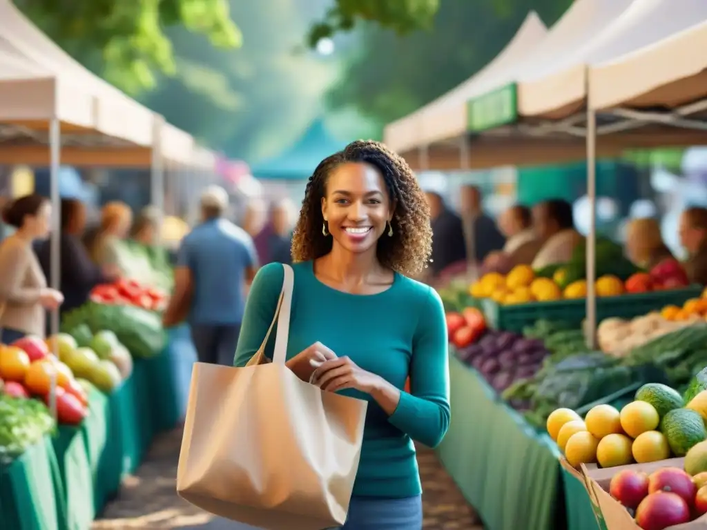 Una mujer sonriente con bolsa reutilizable llena de productos frescos, recibe comida sin gluten en un mercado vibrante