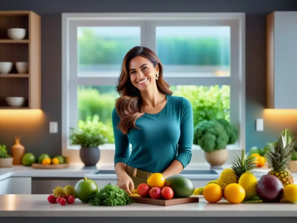 Una mujer sonriente en una cocina llena de alimentos saludables y coloridos, transmitiendo una sensación de bienestar y mejoras en la salud sin gluten