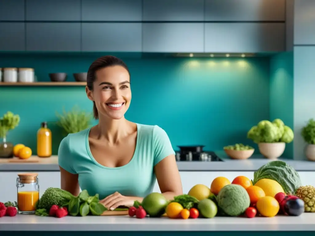 Una mujer sonriente preparando una comida sin gluten en una cocina moderna llena de frutas, verduras y suplementos vitamínicos