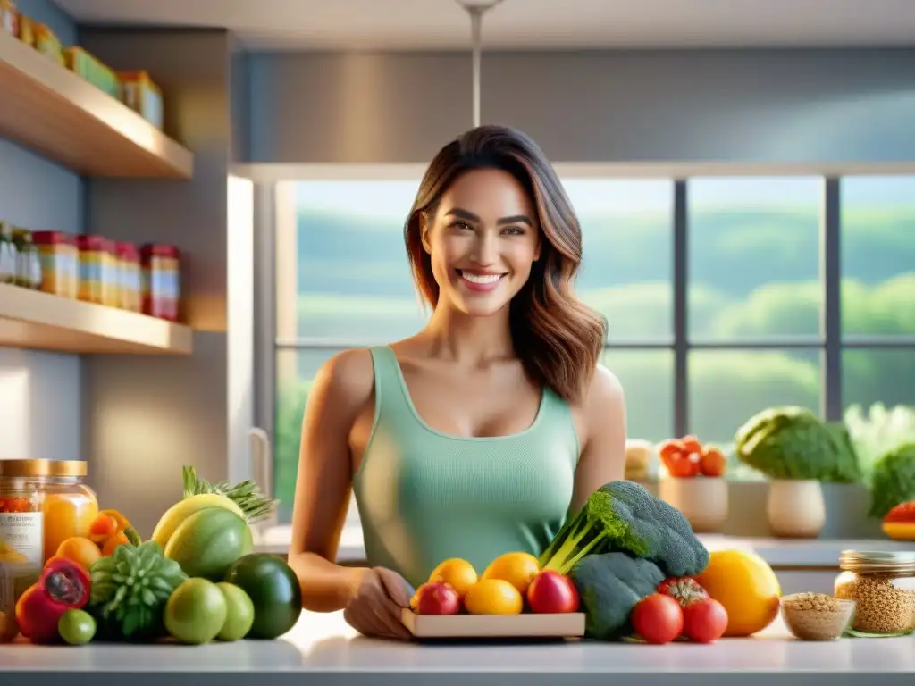 Una mujer sonriente lee etiquetas alimentos sin gluten en una cocina luminosa y moderna llena de comida saludable