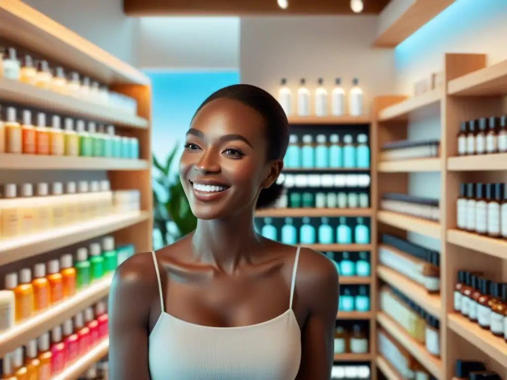 Una mujer sonriente con piel radiante entre productos orgánicos y sin gluten en una tienda de belleza moderna y luminosa