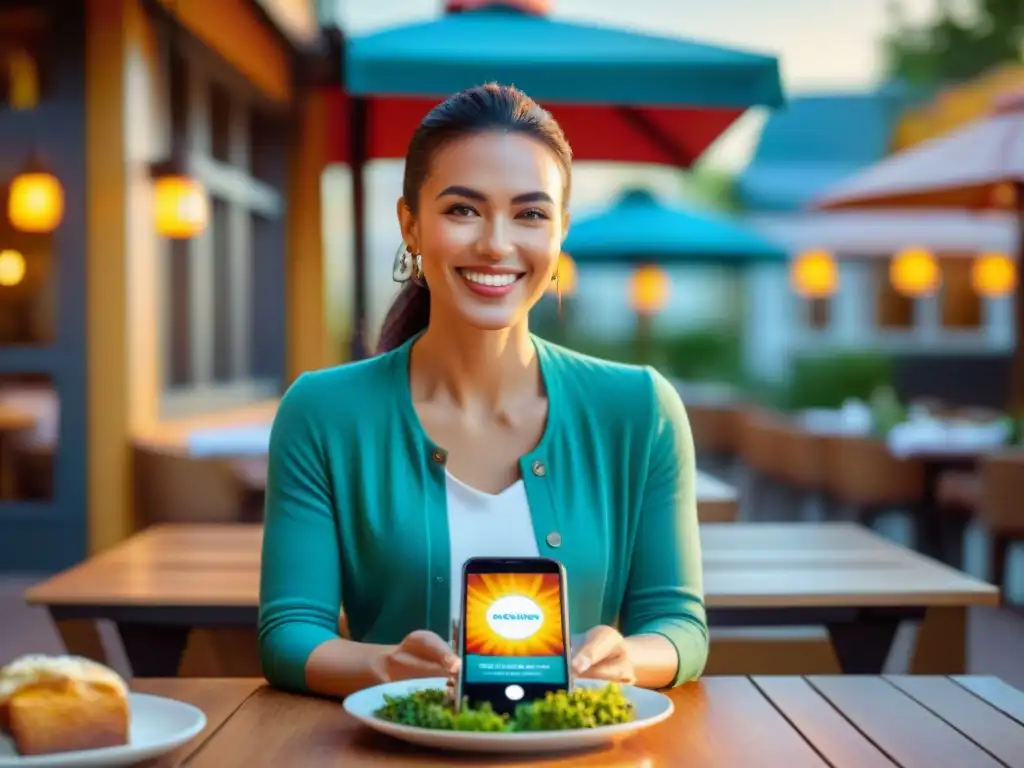 Una mujer sonriente en un restaurante con la app de 'Apps para restaurantes sin gluten', platos coloridos y un letrero de opciones sin gluten