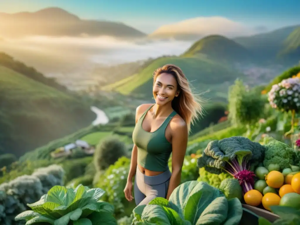 Una mujer sonriente y segura en la cima de una montaña al amanecer, rodeada de un jardín de frutas y verduras libre de gluten en flor