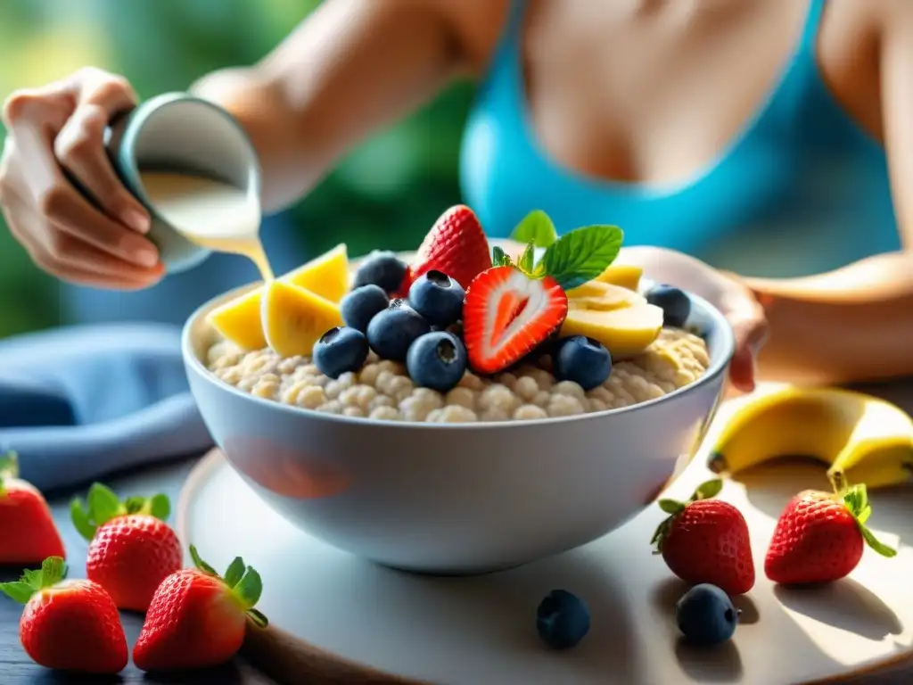 Mujer sonriente sirviendo tazón de avena sin gluten con frutas frescas