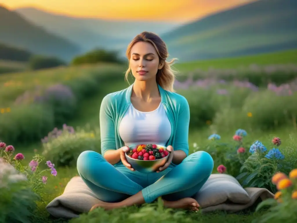 Una mujer tranquila en campo florecido al atardecer, con frutas frescas