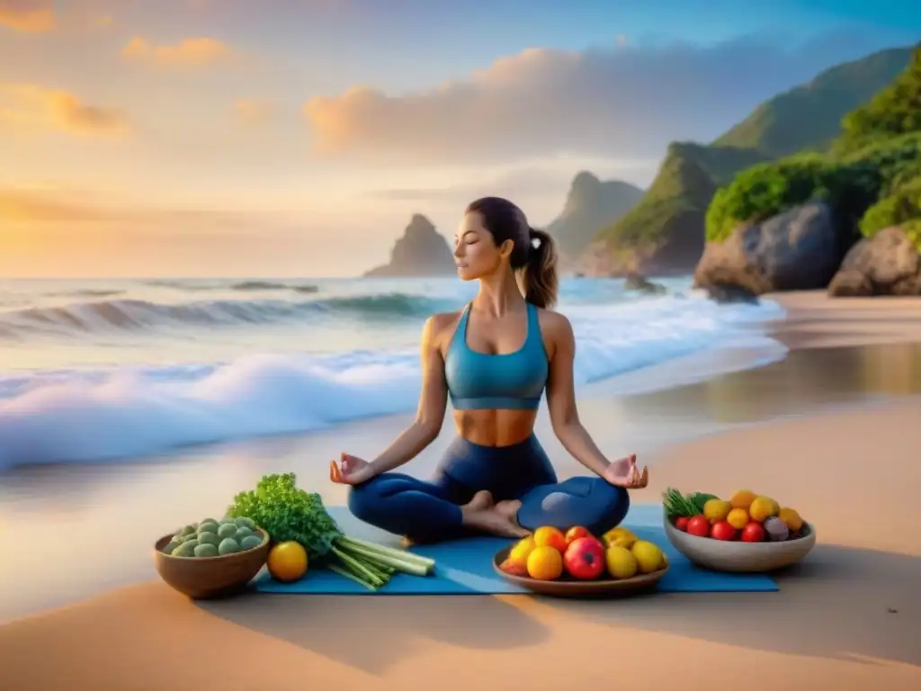 Mujer practicando yoga en una playa tranquila al atardecer rodeada de frutas y verduras sin gluten, en armonía