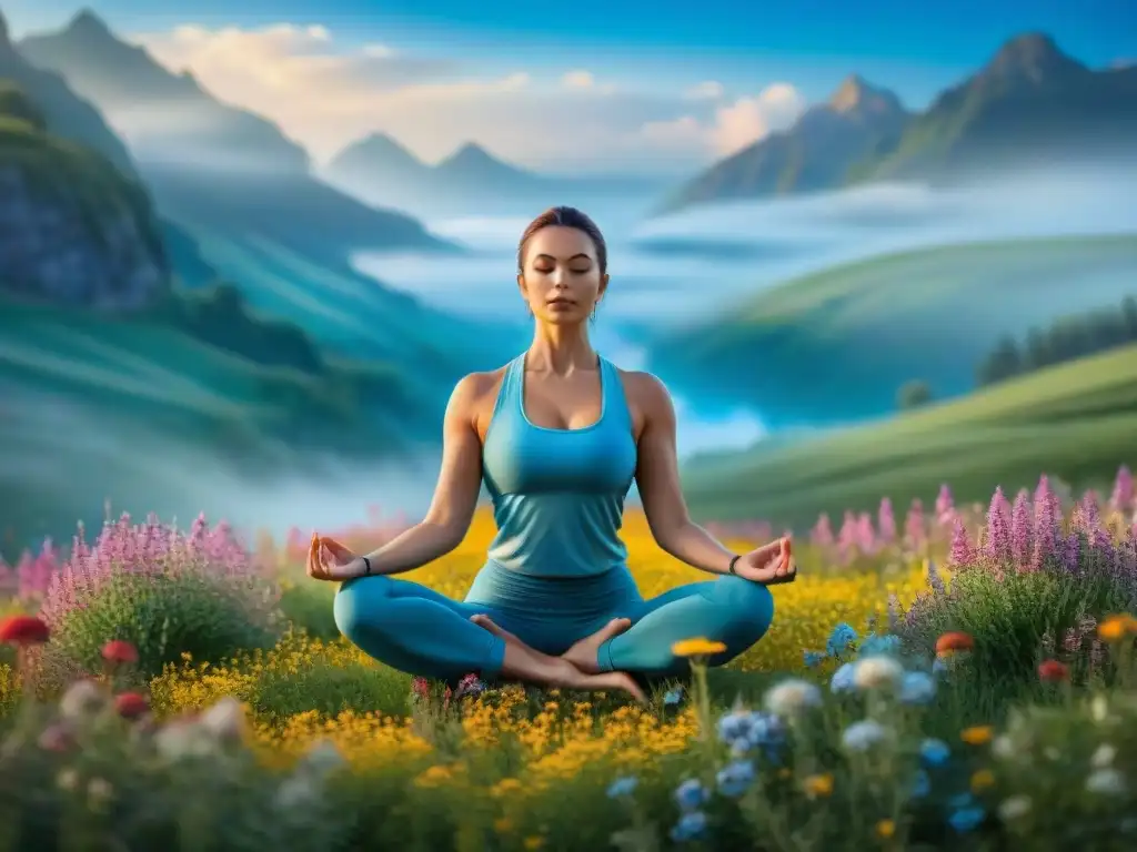 Mujer practicando yoga en pradera verde con flores silvestres, bajo cielo azul