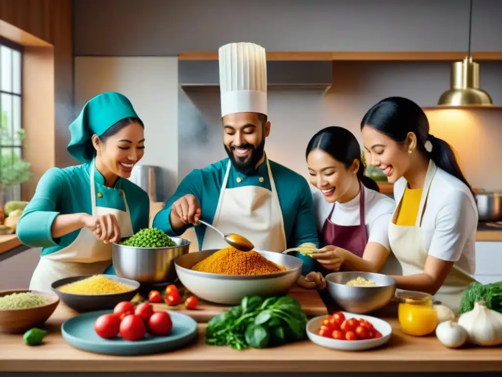 Un mundo de recetas sin gluten inspiradas mundialmente: la unión de culturas cocinando con alegría en una cocina vibrante y llena de color