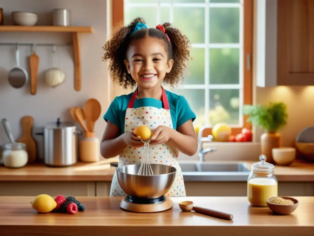 Un niño alegre con delantal colorido prepara recetas sin gluten para niños, rodeado de ingredientes frescos y luz cálida