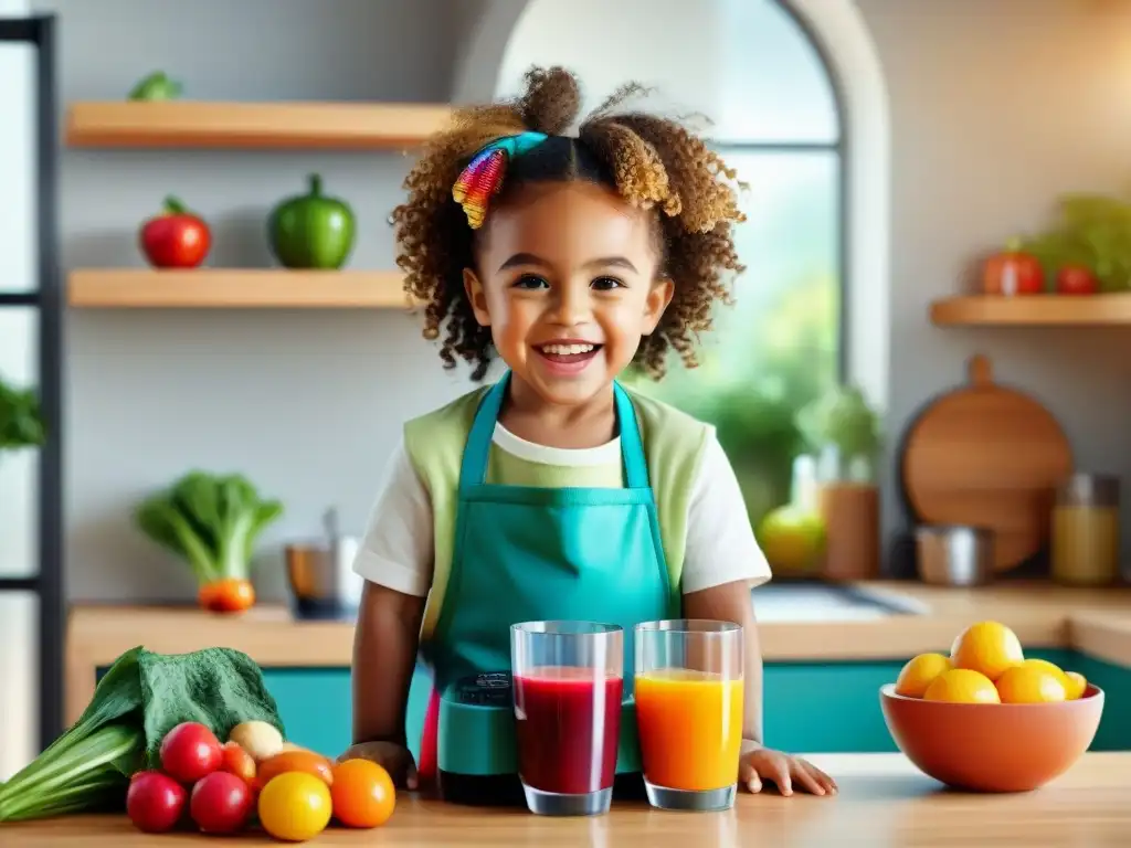 Un niño alegre prepara jugos sin gluten en una cocina llena de frutas y verduras frescas