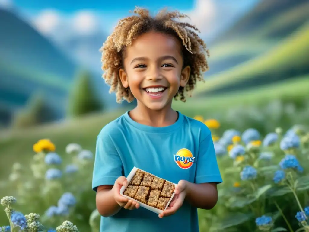 Un niño feliz con una barrita energética sin gluten, disfrutando al aire libre bajo el sol