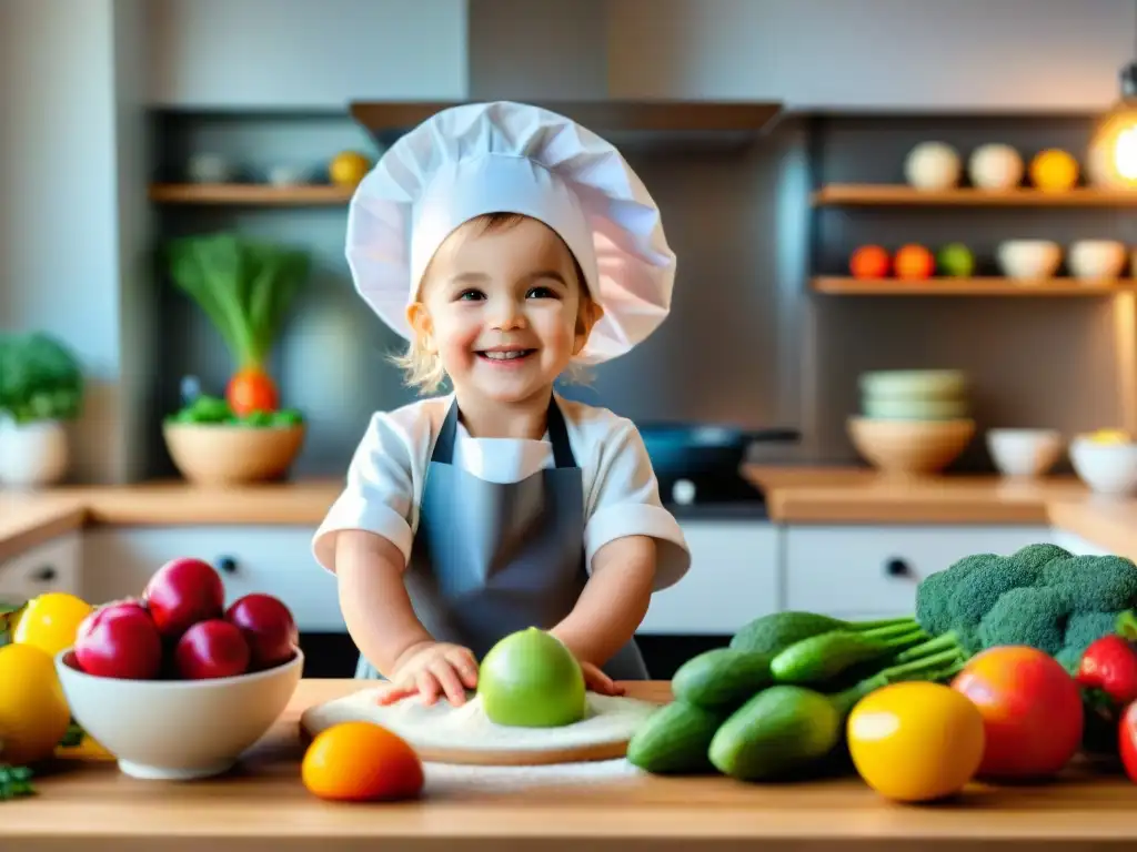 Un niño feliz en la cocina, vistiendo delantal y gorro de chef, preparando recetas sin gluten para niños