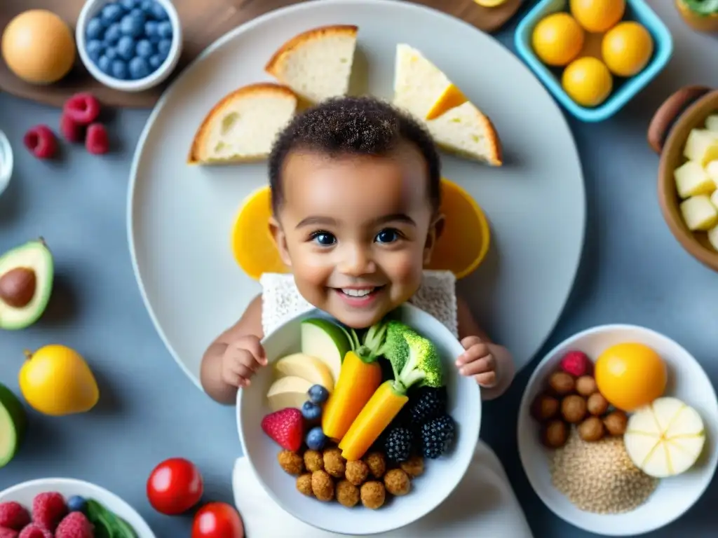 Un niño feliz disfrutando de una comida sin gluten en una mesa colorida y nutritiva