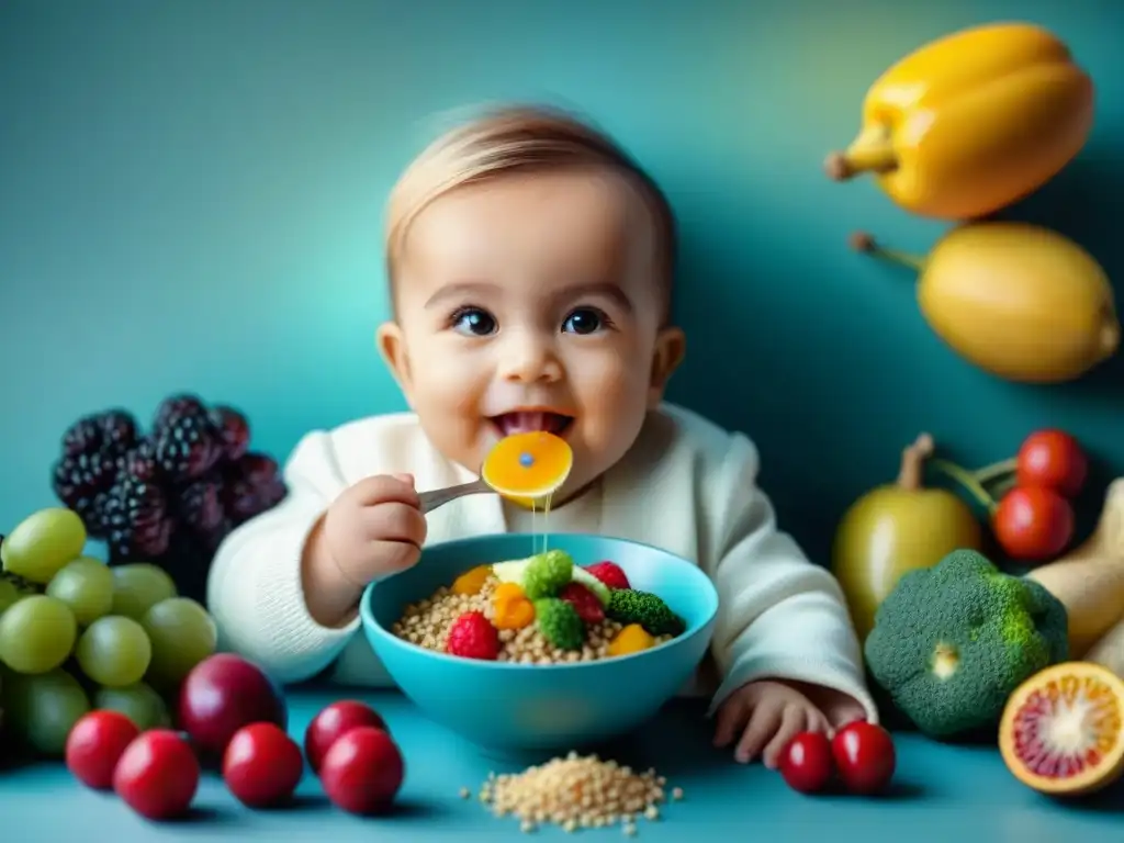 Niño feliz comiendo comida sin gluten rodeado de frutas y vegetales coloridos, capturando la esencia de la dieta para la enfermedad celíaca en niños