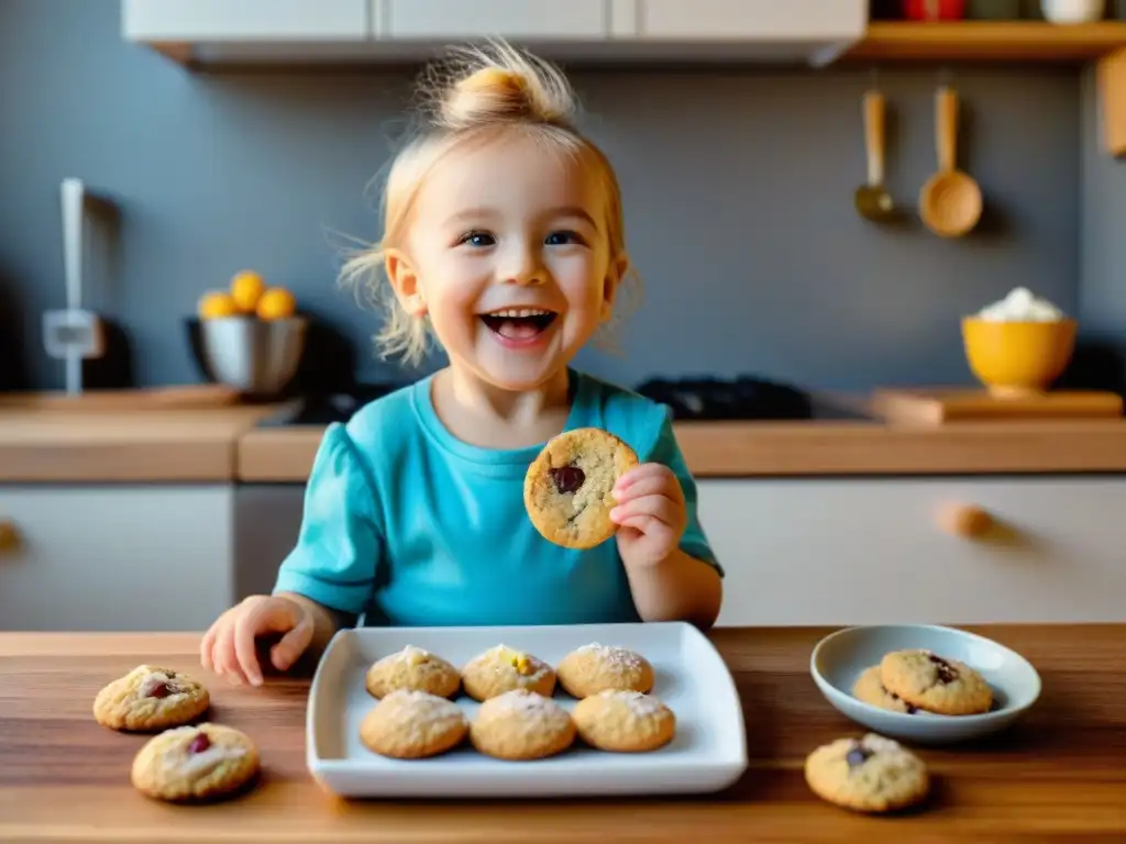 Niño feliz comiendo galleta sin gluten rodeado de ingredientes y cortadores de galletas en cocina de madera