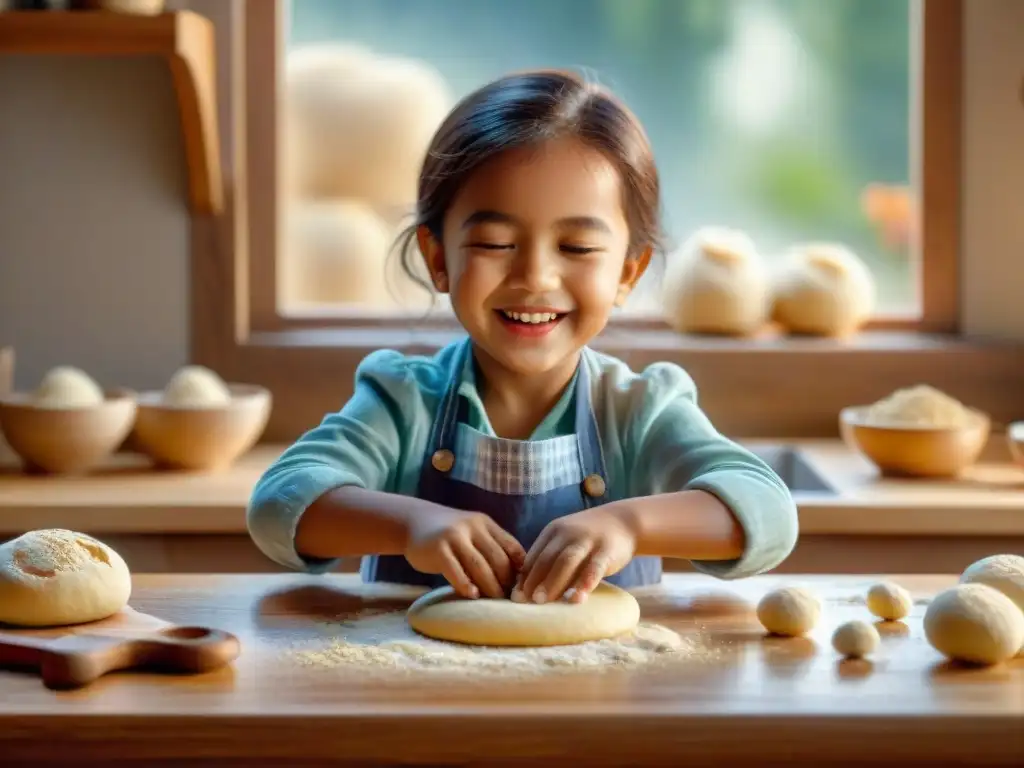 Niño feliz amasando masa sin gluten en cocina, creando panecillos