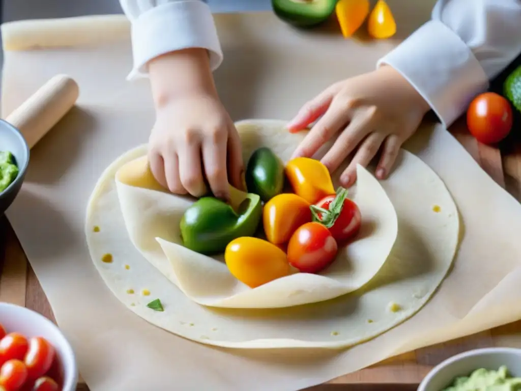 Niño feliz amasando masa entre papel para tortillas sin gluten, con ingredientes coloridos