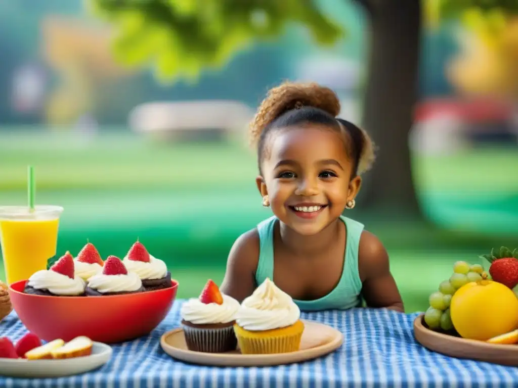 Un niño feliz disfruta de un picnic sin gluten en el parque, ilustrando una introducción positiva al mundo sin gluten para niños