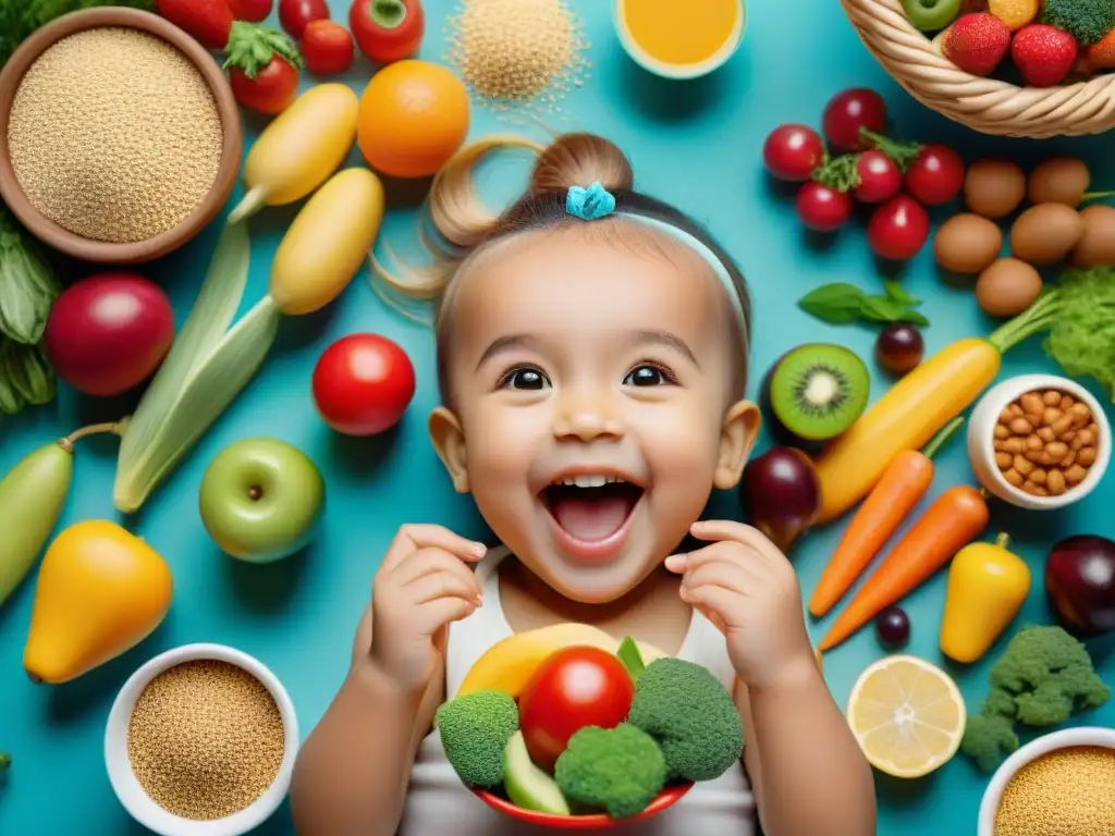 Un niño feliz disfruta de una variedad de alimentos sin gluten en una mesa colorida