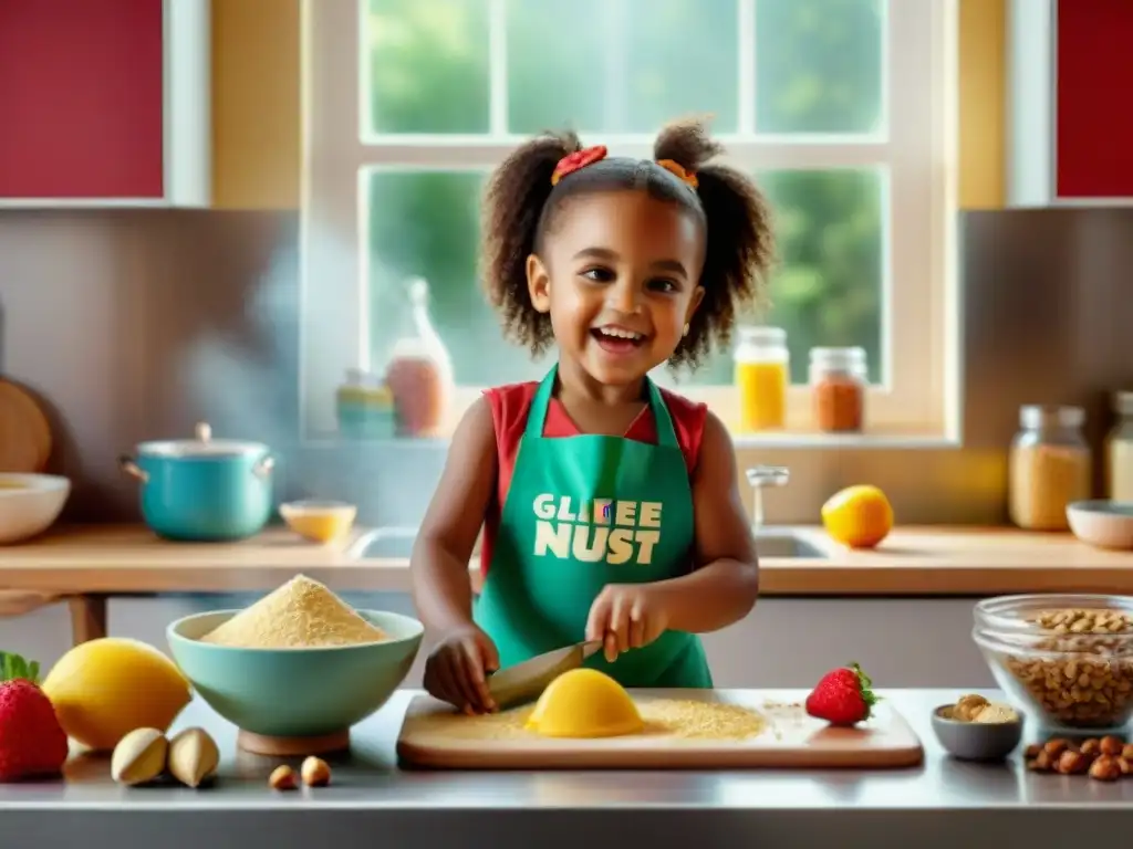 Un niño prepara postres sin gluten con alegría en una cocina colorida y vibrante