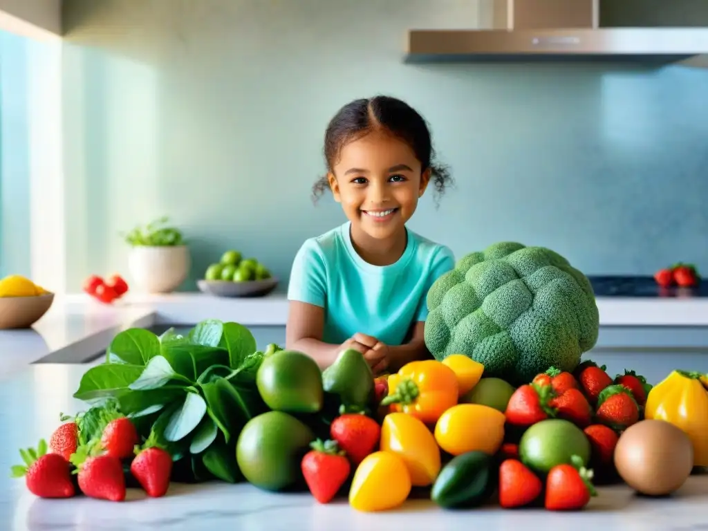 Un niño sonriente explora una cocina llena de frutas y verduras coloridas