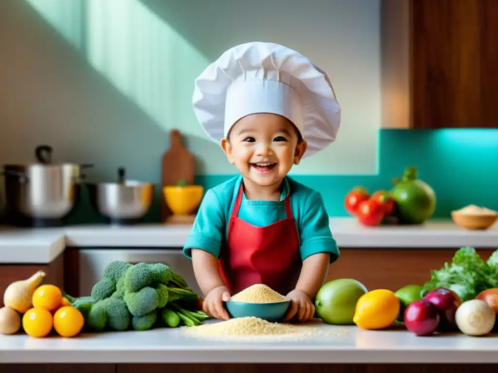 Un niño sonriente en un delantal y gorro de chef, preparando recetas sin gluten para niños con ingredientes coloridos en la cocina