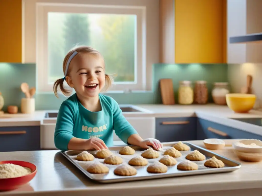 Un niño sonriente y lleno de harina hornea galletas sin gluten con su padre en una cocina llena de coloridos utensilios de cocina