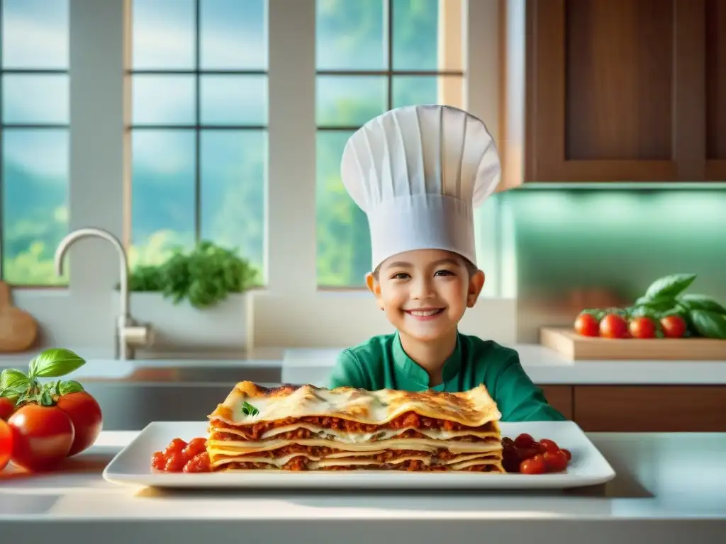 Niño sonriente preparando receta lasaña sin gluten en cocina luminosa