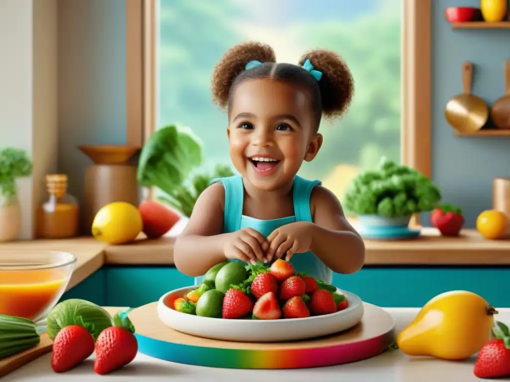 Un niño sonriente rodeado de ingredientes frescos y coloridos en una cocina, listo para preparar recetas sin gluten para niños