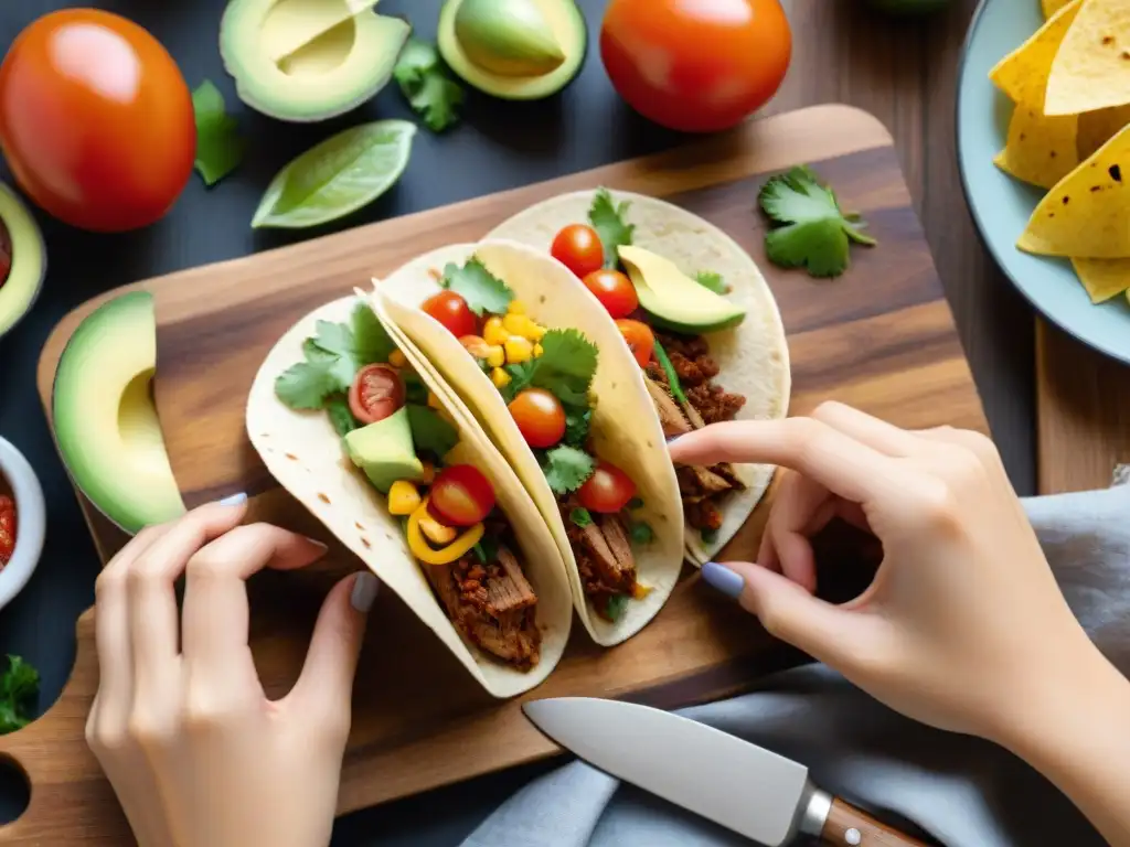 Niño preparando un taco sin gluten en tabla de madera, con ingredientes frescos