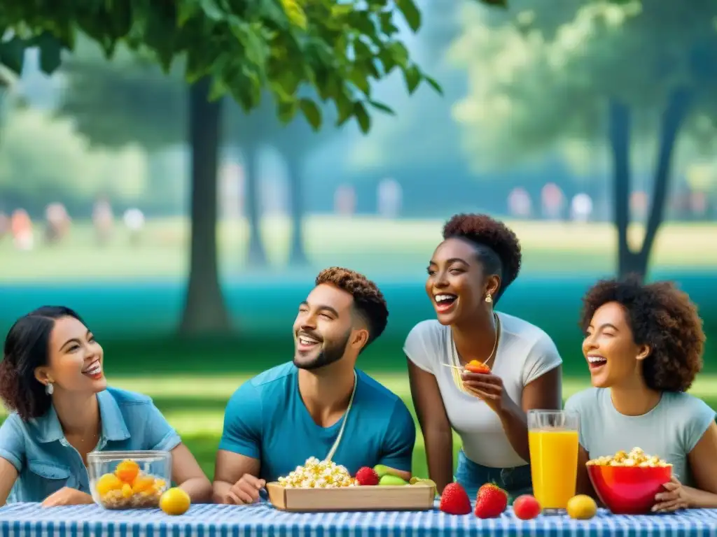 Niños felices comparten snacks sin gluten en un parque vibrante