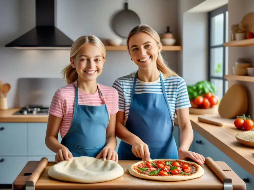 Dos niños sonrientes preparan pizza sin gluten en una cocina soleada y colorida