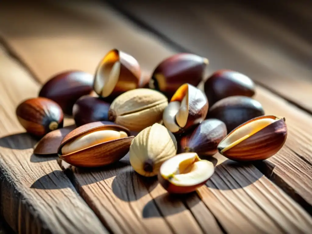 Nueces de Brasil frescas y elegantes en superficie de madera rústica, con iluminación natural y sombras suaves, evocando pureza y nutrición