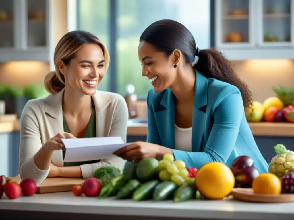 Una nutricionista sonriente da consejos nutricionales a una mujer en una cocina acogedora llena de alimentos sin gluten