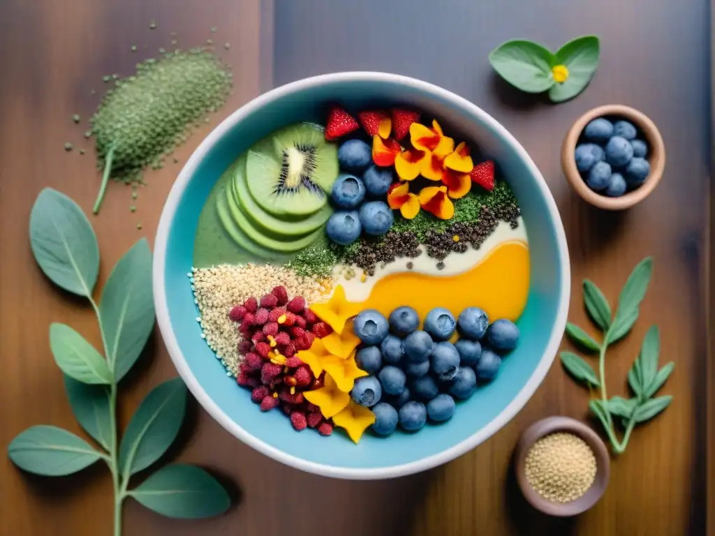 Un nutritivo bowl de smoothie lleno de superalimentos sin gluten, como semillas de chía, bayas de goji y almendras