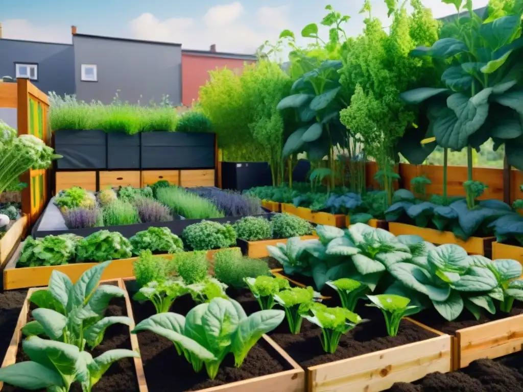 Un oasis urbano sin gluten sostenible rebosante de verduras y frutas vibrantes, cuidado con prácticas de permacultura