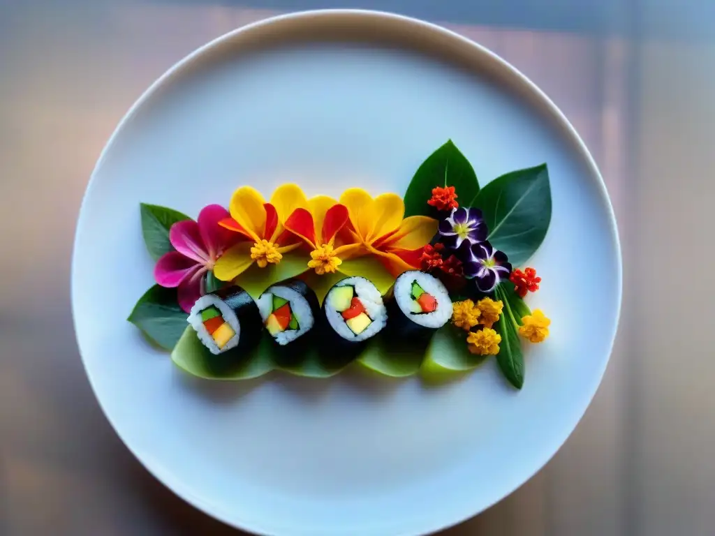 Una obra de arte culinaria: cocina fusión asiática sin gluten con sushi colorido, sashimi delicado y vegetales salteados