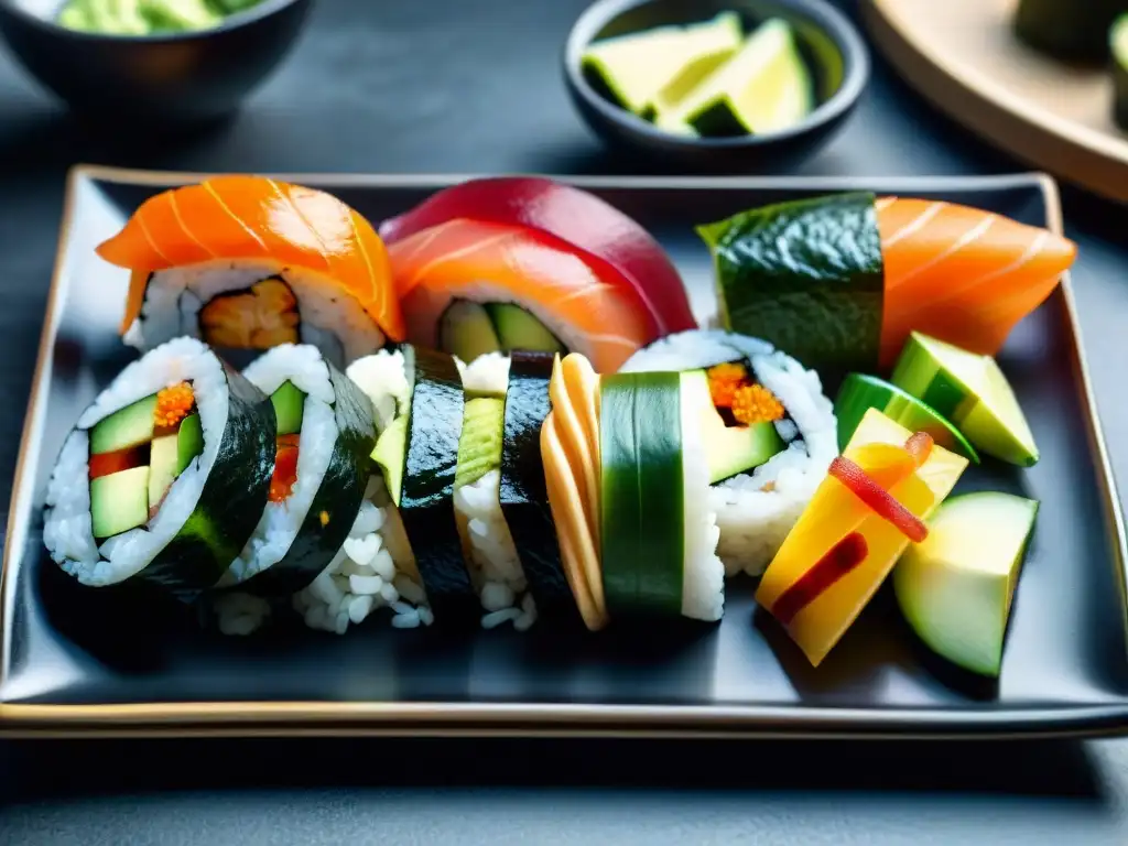 Una obra de arte culinaria: un exquisito plato de sushi sin gluten con recetas innovadoras, colorido y detallado