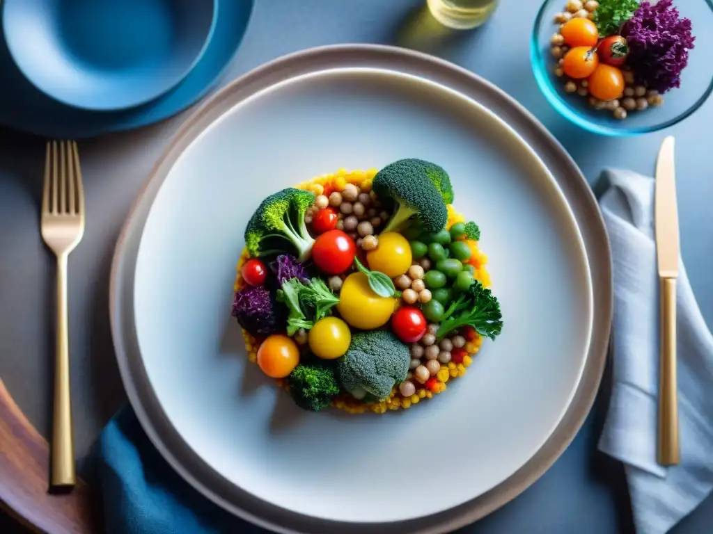 Una obra de arte culinaria con ingredientes coloridos y texturas sorprendentes