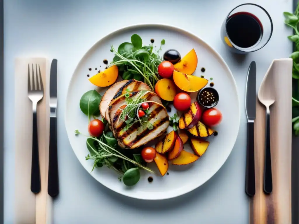 Una obra de arte culinaria sin gluten innovadora con una explosión de colores y sabores frescos en un plato blanco sobre un fondo de madera rústica