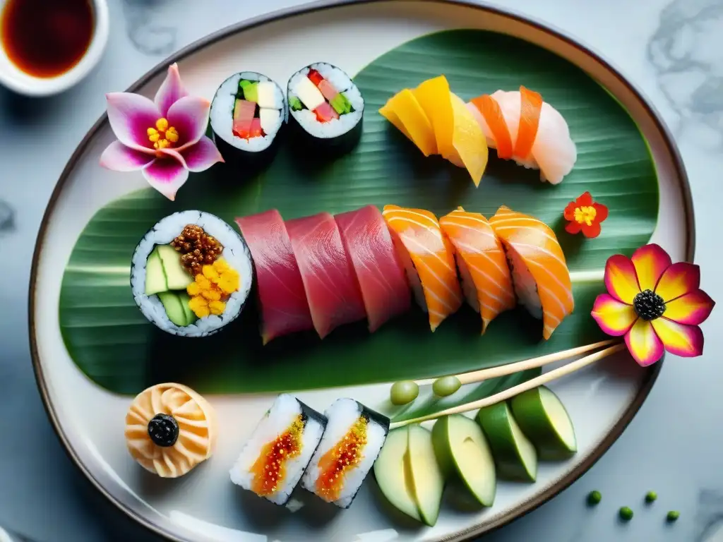 Una obra de arte culinaria: plato de sushi sin gluten con recetas innovadoras, lleno de color y sofisticación