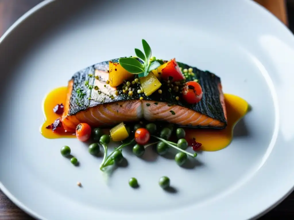 Una obra de arte culinaria: salmón sous vide con verduras asadas, presentado con elegancia en un plato blanco moderno