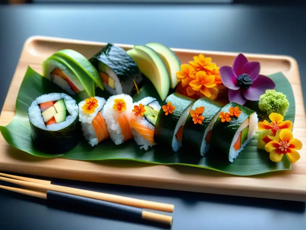 Una obra de arte culinaria: sushi sin gluten recetas innovadoras, con rolls coloridos y flores comestibles