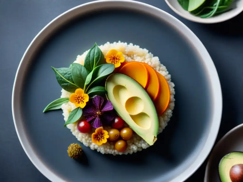 Una obra de arte culinaria vegana sin gluten innovadora: plato colorido con quinoa, verduras, aguacate y flores comestibles en fondo oscuro