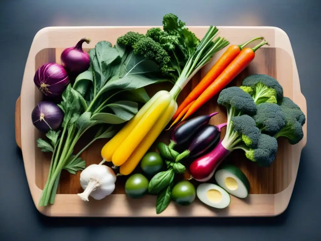 Una obra de arte culinaria: vegetales vibrantes en tabla de madera para cocción lenta sin gluten principiantes