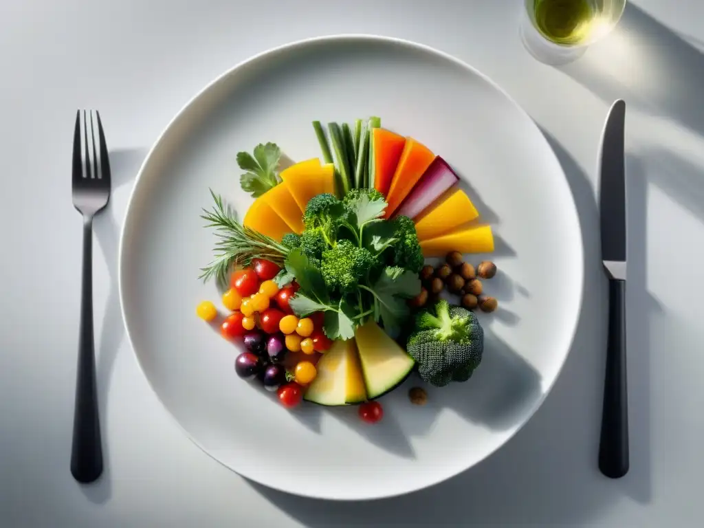 Una obra de arte culinaria con vegetales coloridos y hierbas frescas en plato blanco moderno