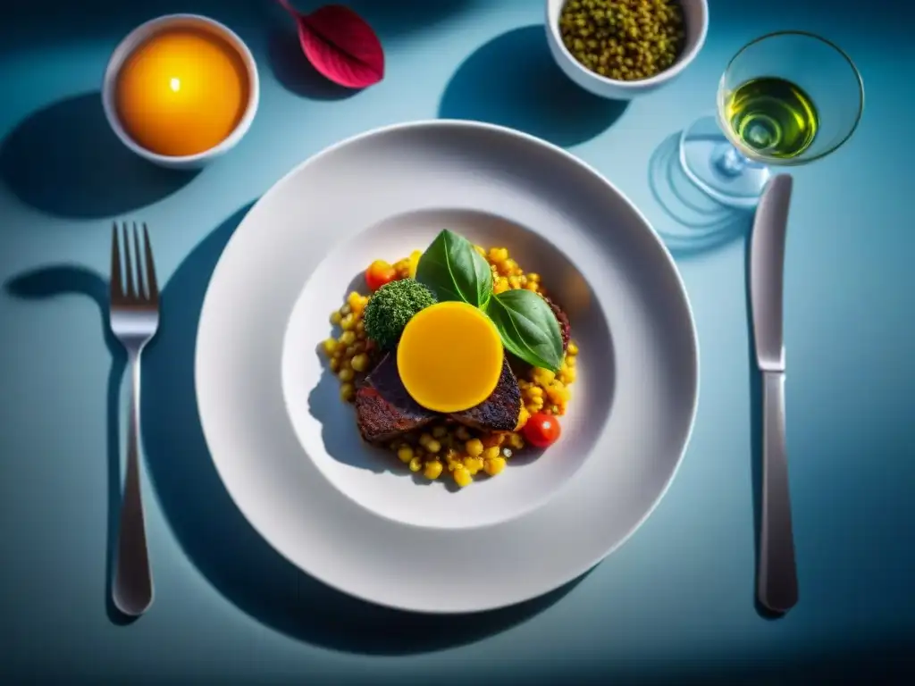 Una obra de arte gastronómica sin gluten en Lanzarote, con colores vibrantes y presentación elegante en un sofisticado escenario de mesa moderna