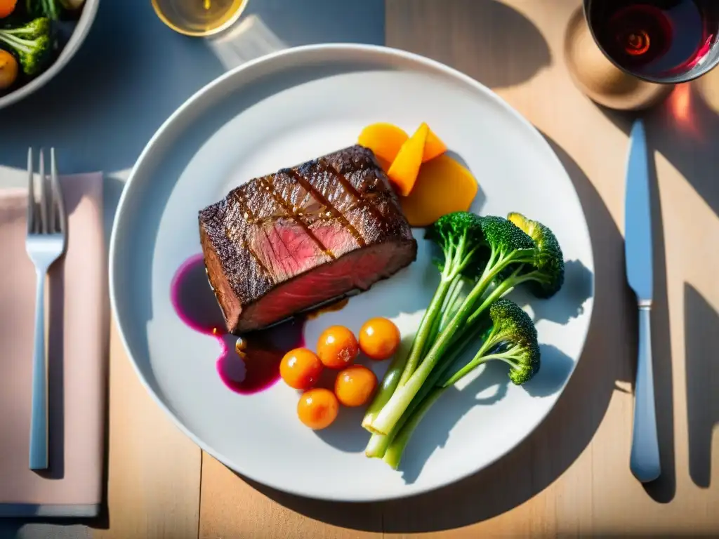 Una obra de arte gastronómica: suculento steak sous vide con vegetales asados, salsa y presentación impecable en mesa rústica